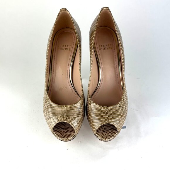 Stuart Weitzman Lizard-Embossed Leather Peep Toe Pumps – Made in Spain. 7M - Picture 2 of 14